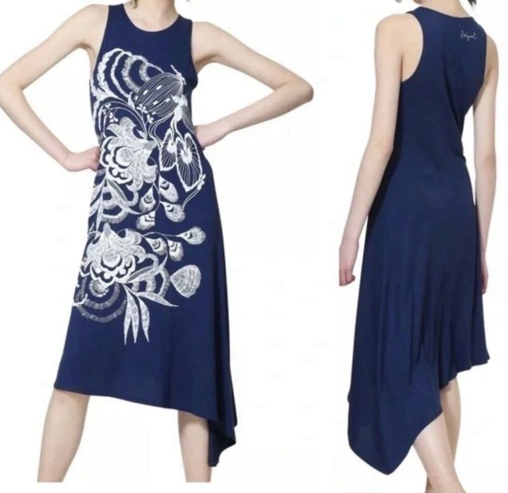 Desigual Wakiut Bodycon Dress Navy Blue Embroidered Sz Small Asymmetrical Hem - Picture 2 of 7